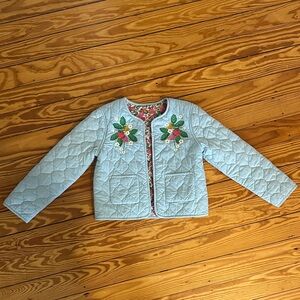 Mini Boden Light Blue Quilted Kids Jacket with Floral Embroidery- REVERSIBLE